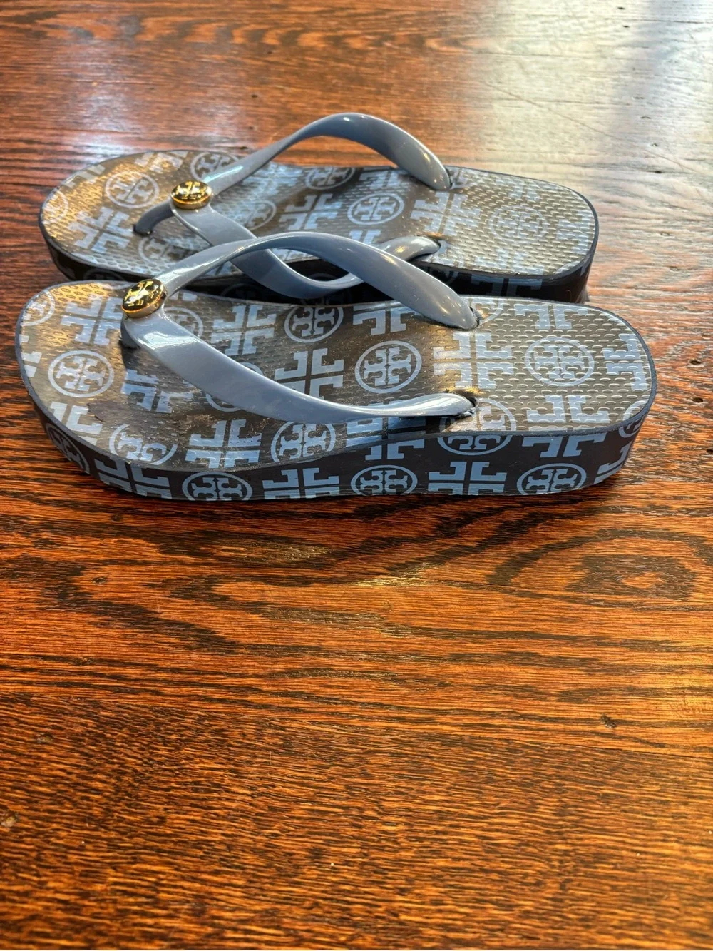 Tory Burch Light Blue Logo Jelly Flip Flops with Gold Emblem